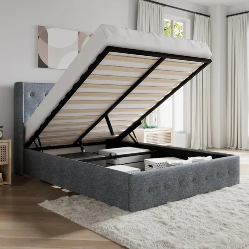Vista 14 de SHA CERLIN Base de cama de tamaño completo con almacenamiento abatible, cabecera abombada con botón acolchado, plataforma tapizada, almacenamiento