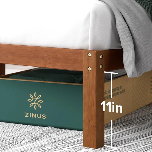 Vista 4 de Zinus Leah - Marco de cama de plataforma de bambú con cabecero, no necesita somier, soporte de listones de madera, fácil de montar
