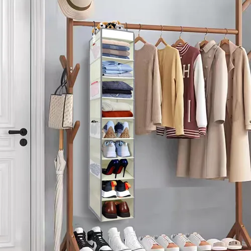 Vista 2 de Organizador de zapatos colgante de gran tamaño con 10 estantes, organizador de armario colgante resistente con 8 bolsillos laterales, estantes