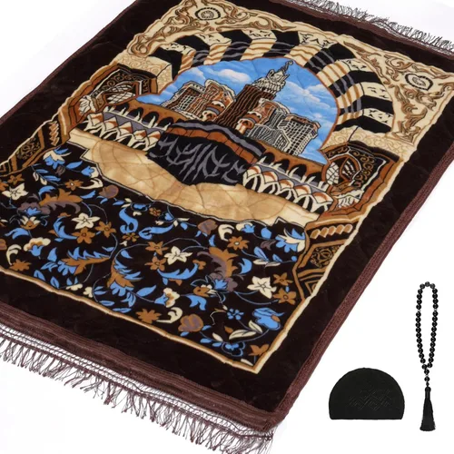 Vista 11 de Alfombra de oración musulmana con cuentas de oración Tasbih y sombrero de kufi, acolchada muy gruesa, alfombra de oración para hombres y mujeres