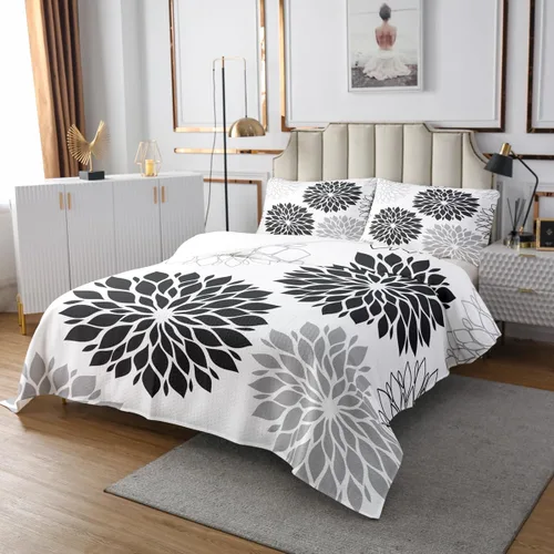 Vista 3 de Erosebridal Dahlia - Colcha floral de tamaño individual, colcha geométrica de flores para mujeres y hombres, color gris y negro, colcha botánica