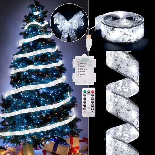 Vista 10 de Vimorg - Decoraciones de Navidad, 6.35 cm x 33 pies, 100 luces LED en forma de cinta para árbol de Navidad con control remoto, luces de hadas de 8