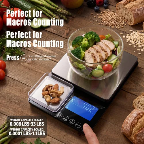 Vista 3 de Báscula de cocina de doble plataforma, báscula digital de alimentos con pantalla doble, dos básculas en una para pesada y precisa, 33 lb/0.01