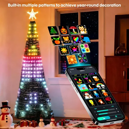 Vista 3 de Super RGB Luces inteligentes para árbol de Navidad de 6 pies, 400 LED, luces de árbol de Navidad que cambian de color con anillo y estrella