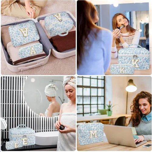 Vista 6 de Set de Bolso de Maquillaje Inicial Junesters, Bolso de Maquillaje Acolchado Personalizado, Bolso de Cosméticos Floral Grande para Mujeres, Bonitos