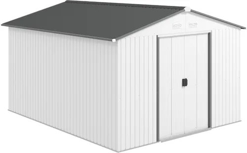 Vista 16 de Outsunny Cobertizo de almacenamiento exterior de 11' x 13', cobertizo de metal para herramientas de jardín con kit de cimentación, puerta con doble