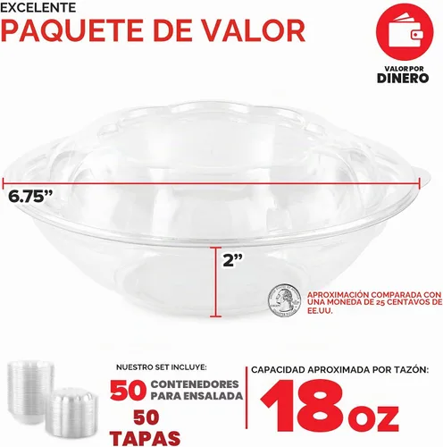 Vista 2 de Stock Your Home Cuencos de Ensalada de Plástico Transparente de 18 oz con Tapas Desechables (Paquete de 50) Mini Recipiente para Llevar con Tapa a