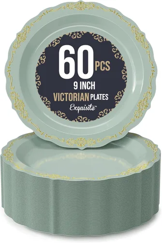 Vista 6 de SIZENAME - Platos de plástico desechables, diseño victoriano de calidad premium, color crema, para fiestas y bodas, 60