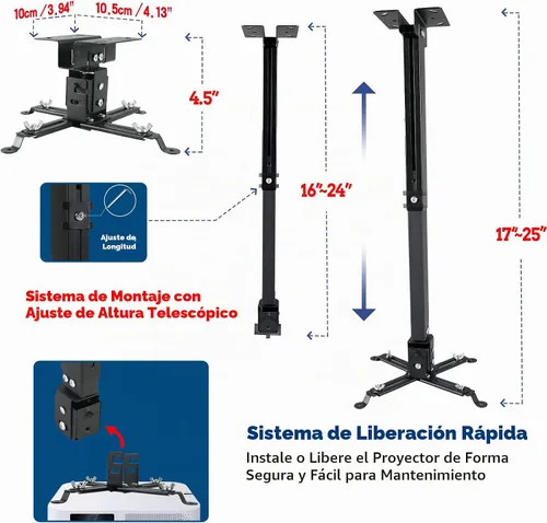 Vista 3 de Proyector universal para montaje en techo o pared, color negro con brazos extensibles, altura ajustable de 16.9 a 25.6 pulgadas, soporte con bracket