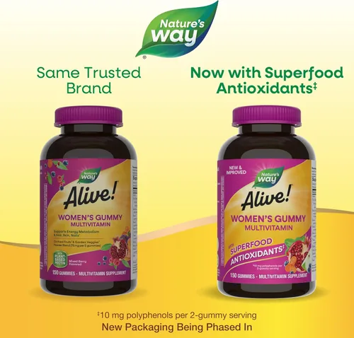 Vista 2 de Nature's Way Alive! Multivitaminas diarias de gomitas para mujer, 16 vitaminas y minerales, metabolismo energético*, piel y uñas, vegetariano, sabor
