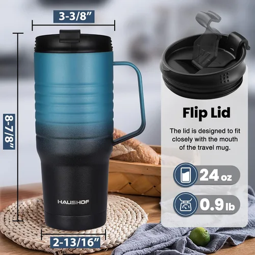 Vista 3 de HAUSHOF Taza de viaje de 24 oz con asa, taza de café de viaje con aislamiento al vacío de acero inoxidable, tazas de viaje de doble pared con tapa a