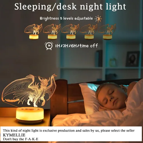 Vista 2 de Luz nocturna de dragón para niños, regalo de dragón para niños y adultos, lámpara de noche decorativa para dormitorio/oficina, 5 botones y control