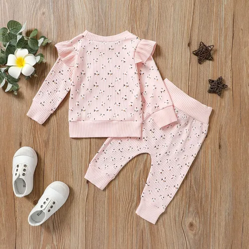 Vista 2 de Conjunto de ropa floral para niñas con volantes y pantalones con lazo, 2 piezas