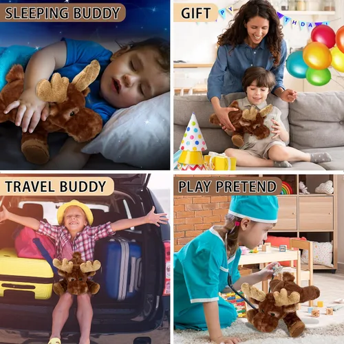 Vista 4 de DolliBu - Peluche de alce ponedor, suave peluche abrazable, adorable regalo de vida silvestre para niños y adultos, 9.5 pulgadas