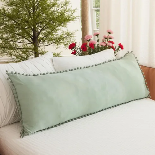 Vista 28 de Juego de 2 fundas de almohada con pompones color verde aguacate, tamaño Queen estándar, 100% microfibra lavada, funda de almohada con flecos de bola