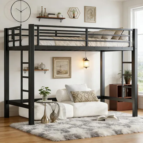 Vista 13 de Cama alta individual con escaleras, cama alta de metal individual con tapones antivibraciones y reducción de ruido, cama alta resistente