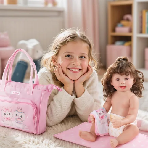 Vista 5 de BABESIDE Juego de 5 Piezas de Bolsa de Pañales para Muñecas de Bebé, Lindos Patrones de Gato, Accesorios para Muñecas de Bebé con Bolsa de Pañales