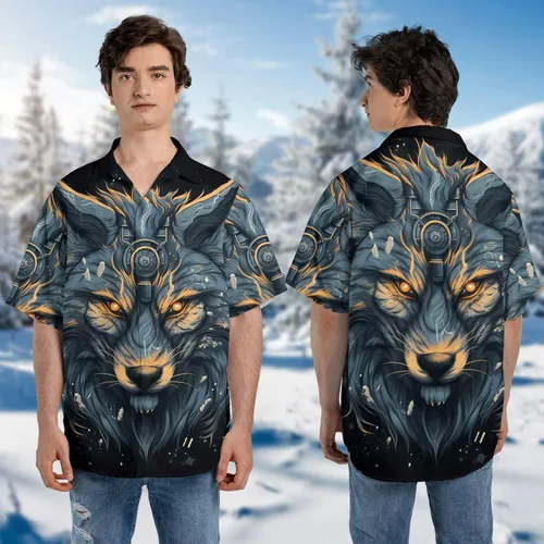 Vista 3 de Camisa hawaiana de lobo para hombre, camisa de aullido para hombre, camisa de manga corta con botones (MP_HW_32)