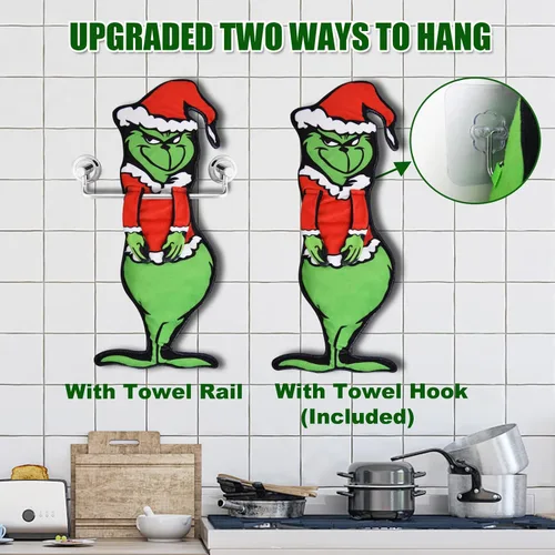 Vista 2 de Divertidas toallas de mano de Navidad 2 en 1 para baño y cocina, toallas colgantes para gancho y toallero, paños decorativos de Feliz Navidad