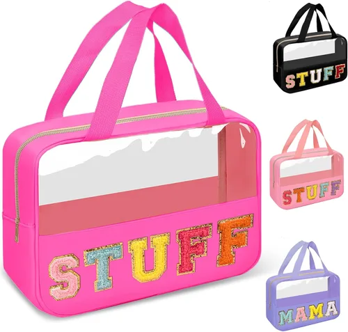 Vista 14 de izuzta Bolsas de maquillaje transparentes tipo tote con letras de chenilla, bolsa de maquillaje preppy con asa, Moda
