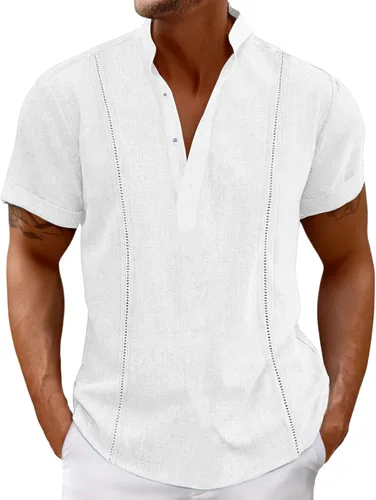 Vista 5 de Camisa de guayabera cubana para hombre, camisa polo de manga corta para hombre, con botones, color liso, camiseta transpirable para playa y verano