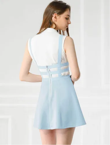 Vista 6 de Allegra K minifalda con tirantes y cintura elástica, corte A, para mujer.