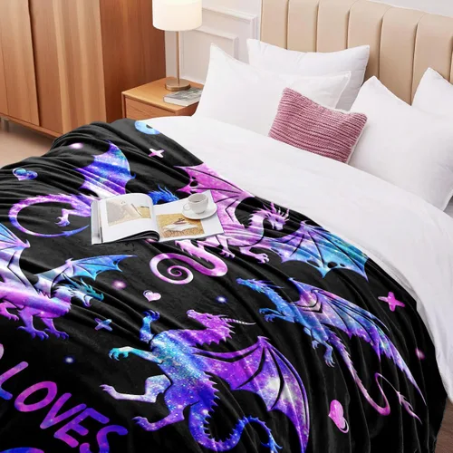 Vista 6 de Manta de dragón de franela suave, regalo para niñas y mujeres, manta de dragón para amantes de los dragones, regalos de cumpleaños, decoración