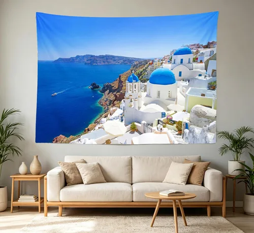 Vista 2 de Loccor Tapiz griego de la isla Santorini, edificio de pueblo griego de Oia, tapiz de pared costero azul, punto de referencia de Europa, para colgar