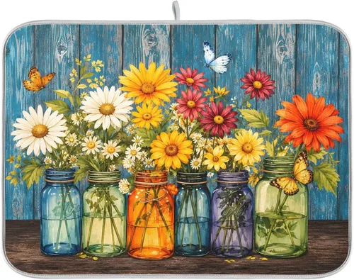 Vista 47 de Linda alfombrilla de secado de platos con hongos y plantas silvestres para encimera de cocina, almohadilla absorbente de microfibra, mediana 16x18