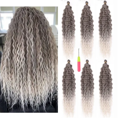 Vista 13 de Extensiones de cabello ondulado con ganchillo Ocean Wave de 18 pulgadas, 6 paquetes, extensiones de cabello de ganchillo sueltas de onda profunda #1B