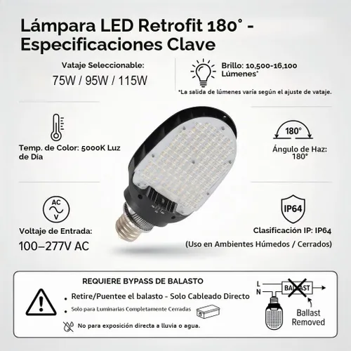 Vista 3 de Lámpara LED Shoebox Retrofit, 75/95/115W seleccionable, 5000K, base