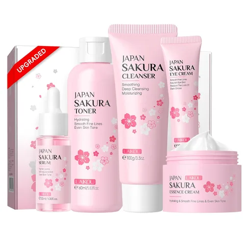Vista 12 de LAIKOU Juego de Cuidado de la Piel JAPAN SAKURA - Juego de regalo de belleza para el cuidado de la piel con suero, crema para ojos, crema facial