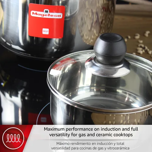 Vista 3 de MAGEFESA Practika - Juego de utensilios de cocina de acero inoxidable de 7 piezas, incluye olla, olla para estofado, cacerola, salteado profundo