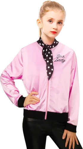 Vista 3 de FLOWDREAM 1950s Child Kids Pink Satin Jacket Little Girls Halloween Costume Cosplay Fancy Dress up Coat with Neck Scarf