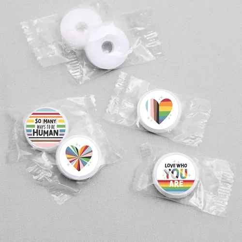 Vista 3 de Big Dot of Happiness So Many Ways to Be Human – Pride Party - Calcomanías redondas para dulces de chocolate (1 hoja de 108) Pride Rainbow Themed
