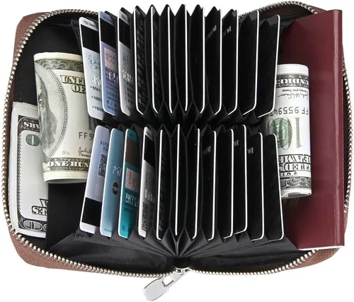 Vista 27 de boshiho Cartera con bloqueo RFID de 24 ranuras para tarjetas de crédito, de piel auténtica, organizador de múltiples tarjetas, con cremallera