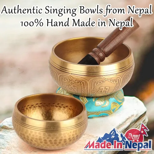 Vista 4 de Relaehih Juego de 2 cuencos tibetanos cantantes, 100% hechos a mano en Nepal, juego de meditación de cuencos con sonido para yoga, curación