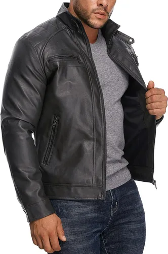 Vista 5 de HOOD CREW Chaqueta de cuero con cuello alto para hombre, chaqueta casual de piel sintética para motocicleta, abrigo con bolsillos con cremallera