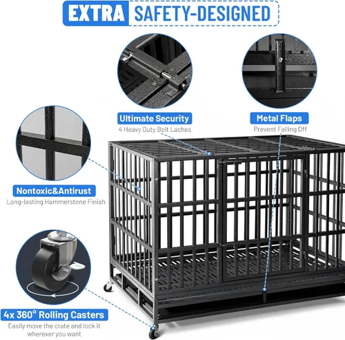 Vista 4 de NUGRIART - Jaula de perro de 42 pulgadas resistente e indestructible, perrera XL de acero a prueba de escapes para perros grandes, diseño de doble