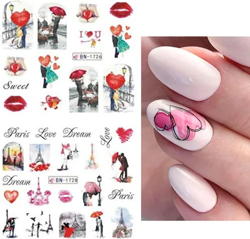 Vista 6 de TBRZTR 12 hojas de calcomanías de uñas para el día de San Valentín, diseño de torre de amor, diseño de paraguas, calcomanías de transferencia