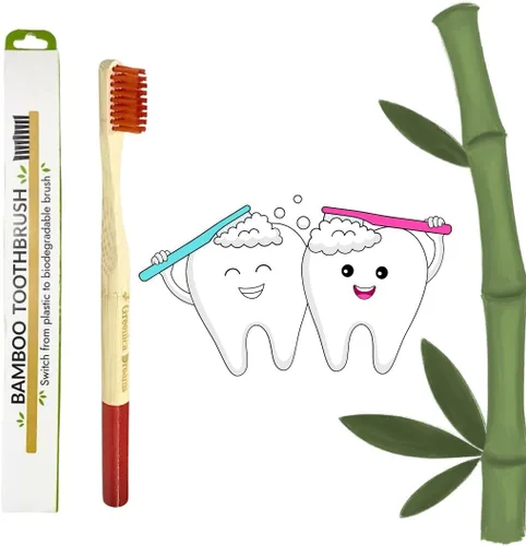 Vista 5 de ™ Cepillo de dientes de bambú, respetuoso con el medio ambiente, biodegradable, cerdas suaves, cuidado personal, uso diario, paquete de (4)
