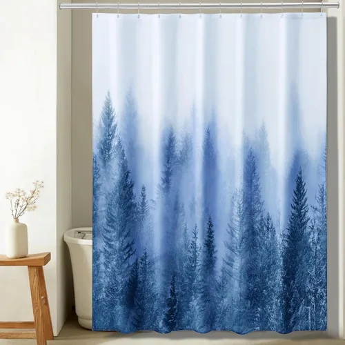 Vista 11 de ORTIGIA 36x72 Cortina de ducha de bosque nebuloso para baño pequeño, cortina de ducha estrecha de naturaleza y bosque en blanco y negro con ganchos