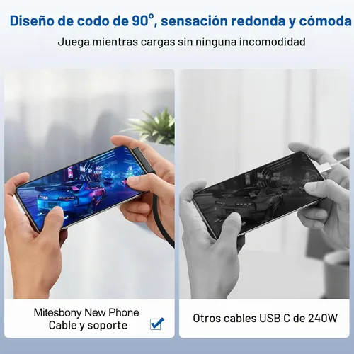 Vista 3 de Paquete de 3 cables USB C a USB C con soporte de teléfono integrado en ángulo recto de 90°, 240 W, 5 pies, cable de carga rápida trenzado de nailon