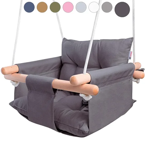 Vista 12 de CaTeam - Columpio de lona para bebé, silla colgante de madera con cinturón de seguridad, silla de columpio para bebé duradera, columpio