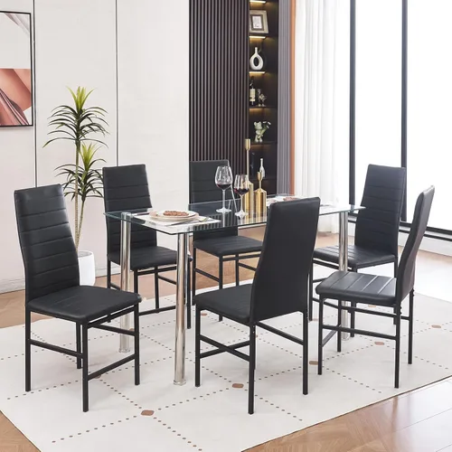 Vista 2 de Juego de mesa y silla de comedor de 7 piezas, juego de mesa de comedor para 6 mesas de cocina con 6 sillas, mesa rectangular de vidrio con 6 sillas