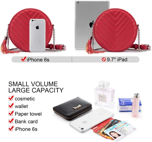 Vista 4 de Realer Bolso bandolera redondo con borla circular para mujer, cartera pequeña de noche con cadena