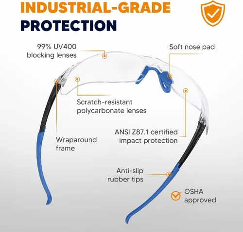 Vista 5 de Gafas de seguridad transparentes, paquete de 3, gafas protectoras con protección UV ANSI Z87.1, gafas de seguridad resistentes a arañazos e