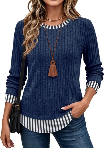 Vista 11 de WIHOLL Camisas de manga larga para mujer, trajes de otoño, suéteres ligeros Negro - blanco