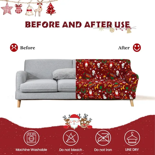 Vista 3 de Anibedding - Funda estampada de Navidad roja para sofá de 2 cojines, funda elástica con renos y copos de nieve para sofá, funda de sofá lavable a
