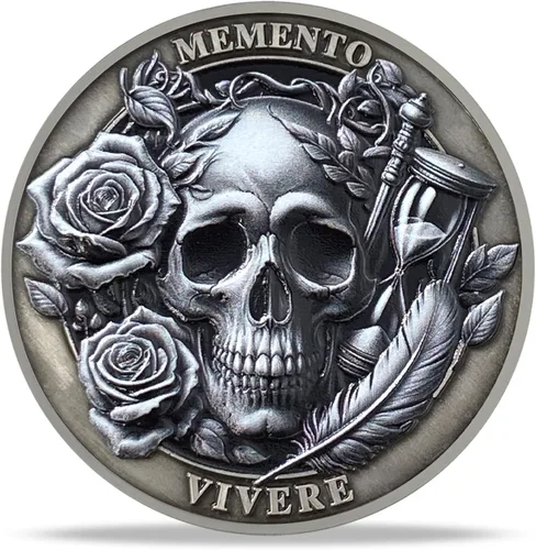 Vista 3 de Moneda Memento Mori Reloj de arena Cráneo Tiempo Mortalidad Moneda estoica Amor Fati Moneda Memento Vivere Carpe Cráneo Coleccionable Recuerdo